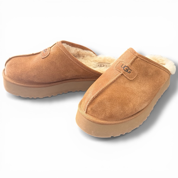 UGG Brown Suede Discoquette Slippers with Beige Fur Lining Size 8 - Picture 2 of 4